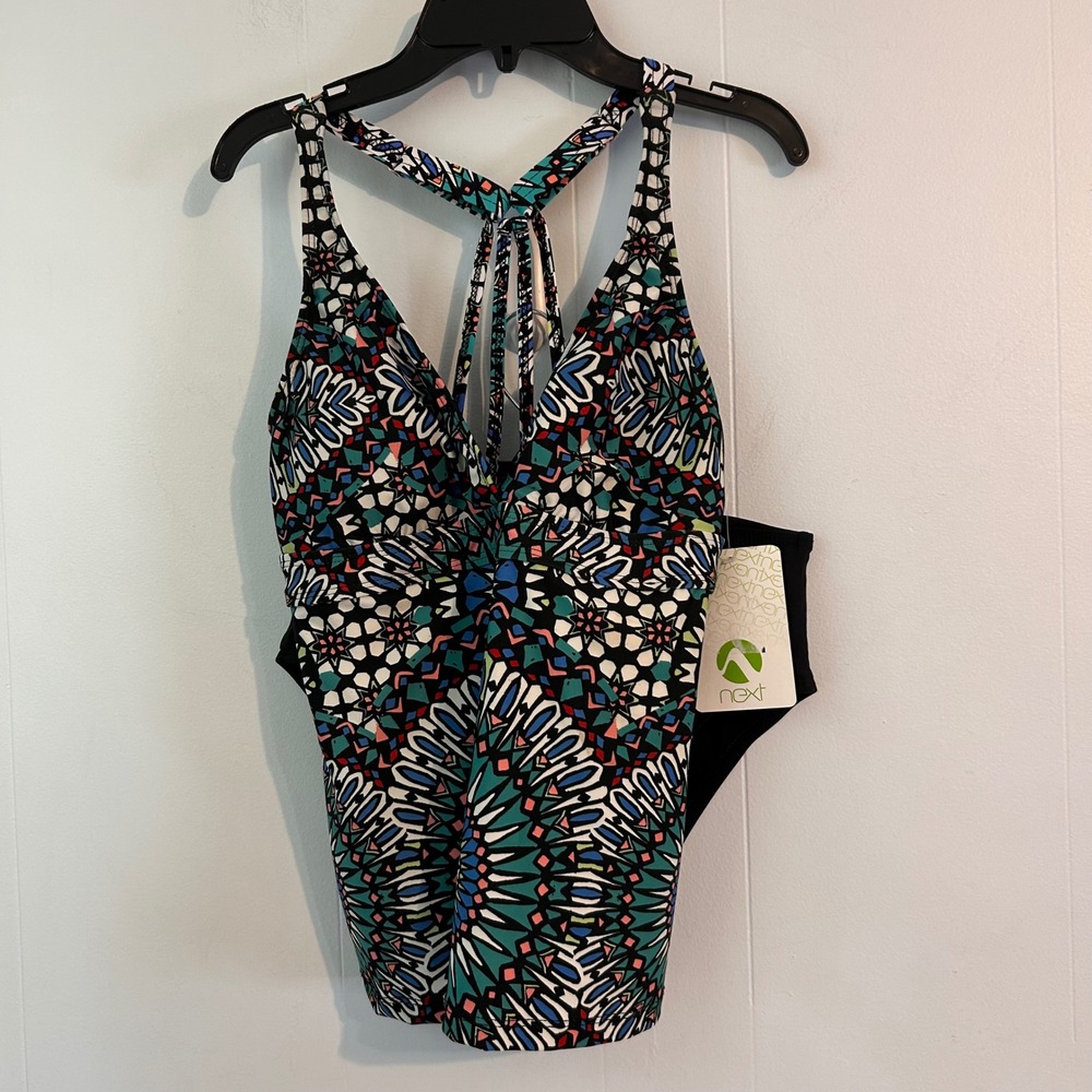 Next Sport Tankini High Waisted Pant Set Mosaic Print Black Teal Womens M NEW
